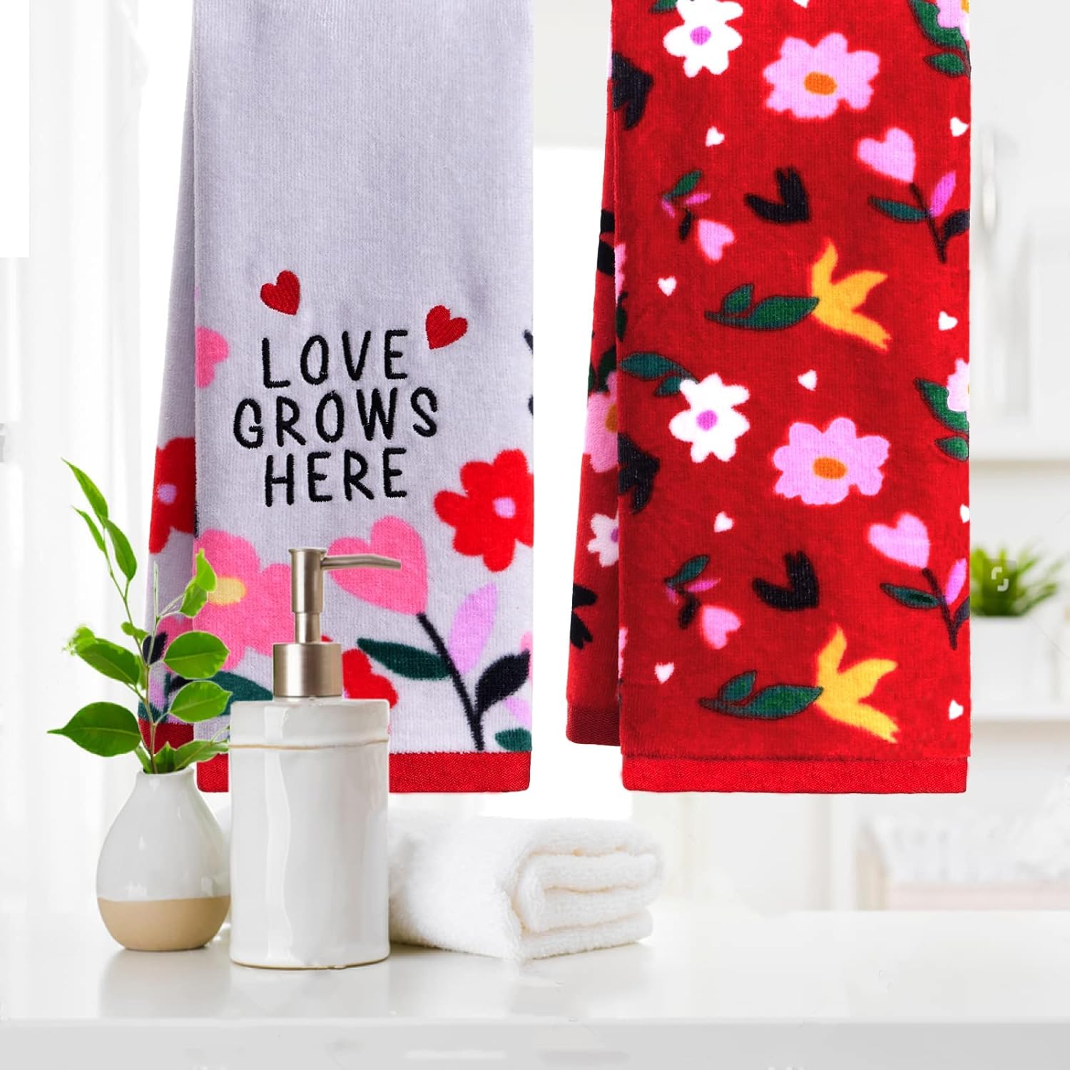 VOOVA & MOVAS Valentine's Day Hand Towels for Bathroom - 4-Pack Gift Set, 100% Soft Cotton, (16x25 Inches) Decorative Face Towel Set with Pink Gray Floral Design - Gift-Packed with Love