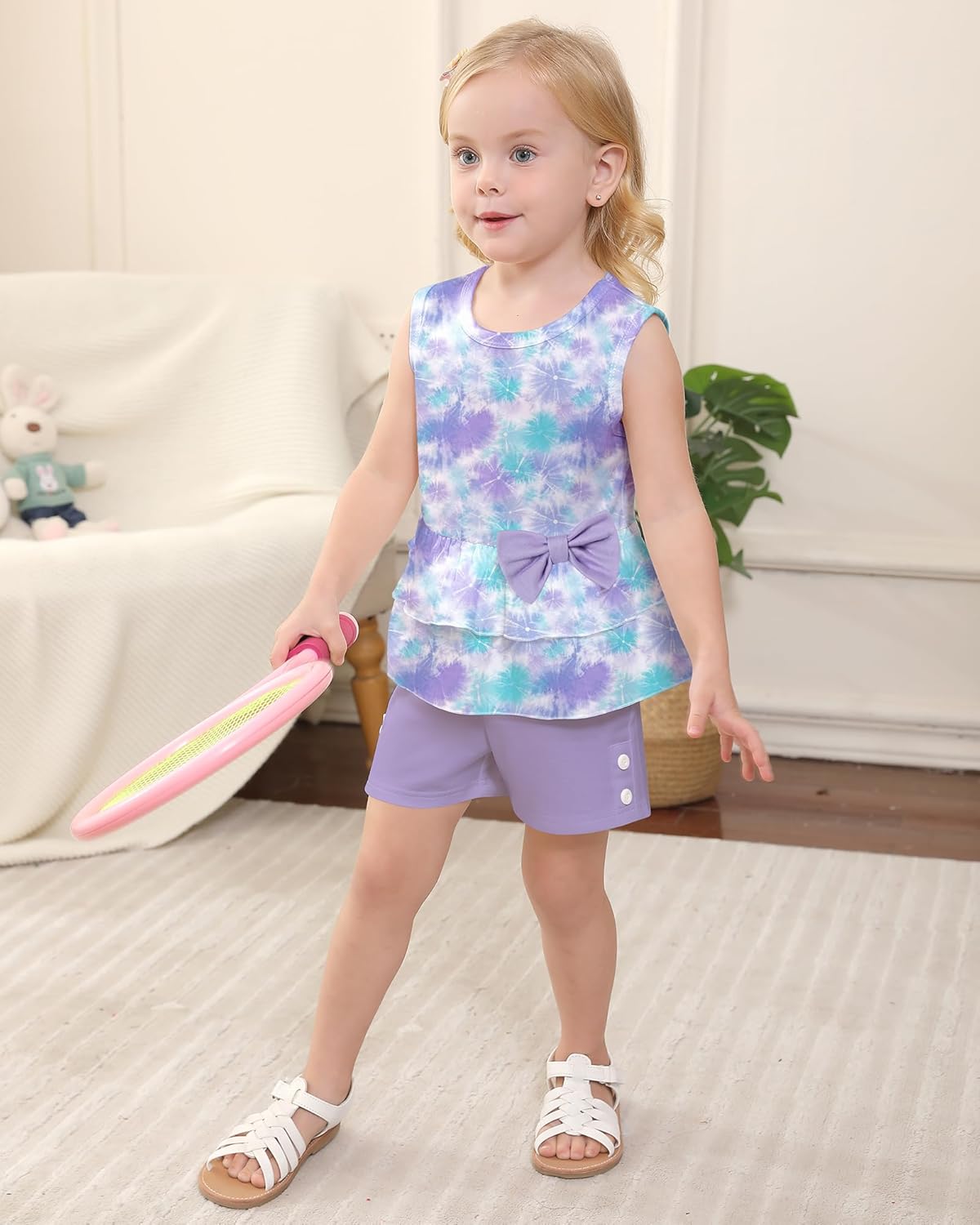 YUEMION Toddler Girl Clothes, 2Pcs Baby Girl Summer Outfits Sleeveless Bow Knot Tank Shirts Tops + Shorts Clothing Sets 1-5T - Image 2