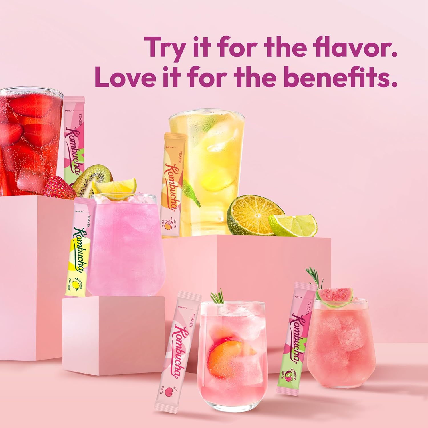 TEAZEN Kombucha Sunset Bliss Hydration Variety Pack - 20 Packets, 5 Flavors (Peach, Mango-Guava, Strawberry-Kiwi, Citron, Mulled Wine), On-the-Go Powder Drink Mix