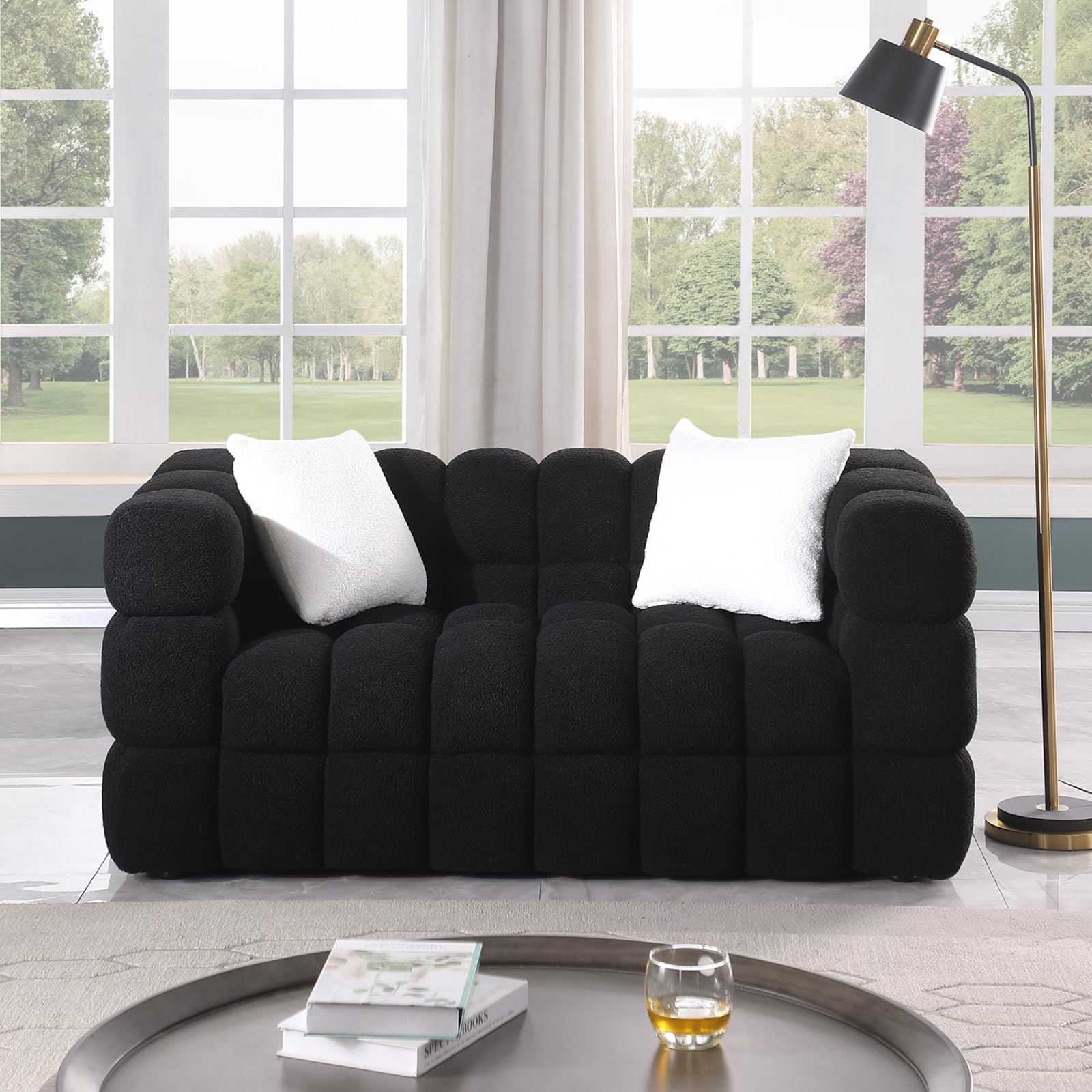 Alberobelo 62" Cloud Couch Boucle Small Loveseat with Solid Wood Frame & 2 Throw Pillow, Mid Century Modern Plush Couch for Living Room, Office,