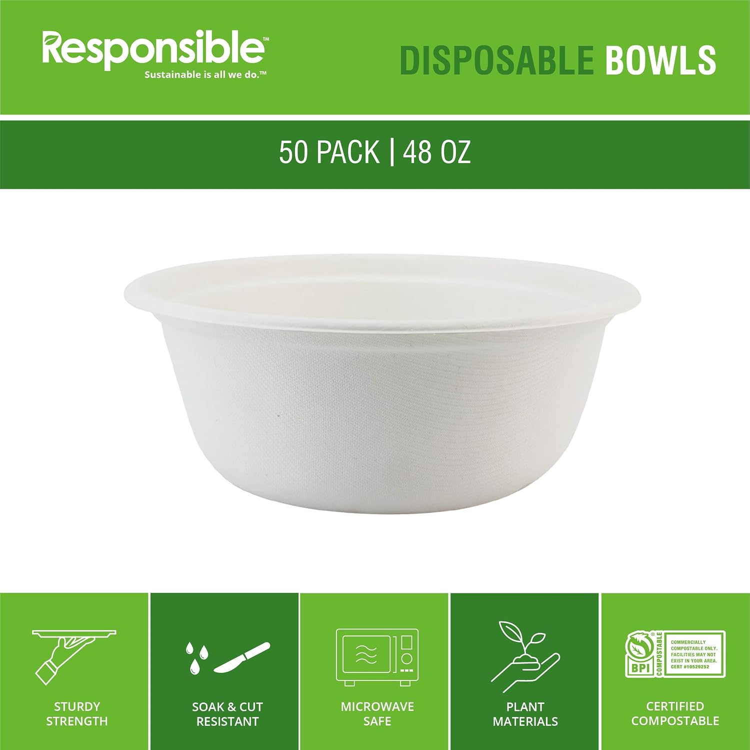 Responsible Products bowls are eco-friendly, Disposable Paper Bowls 48oz For Hot Soup (50 Count),Heavy Duty Paper Dinner Bowls, Dessert Bowls, Made from Sugarcane ＆ Bamboo Fibers