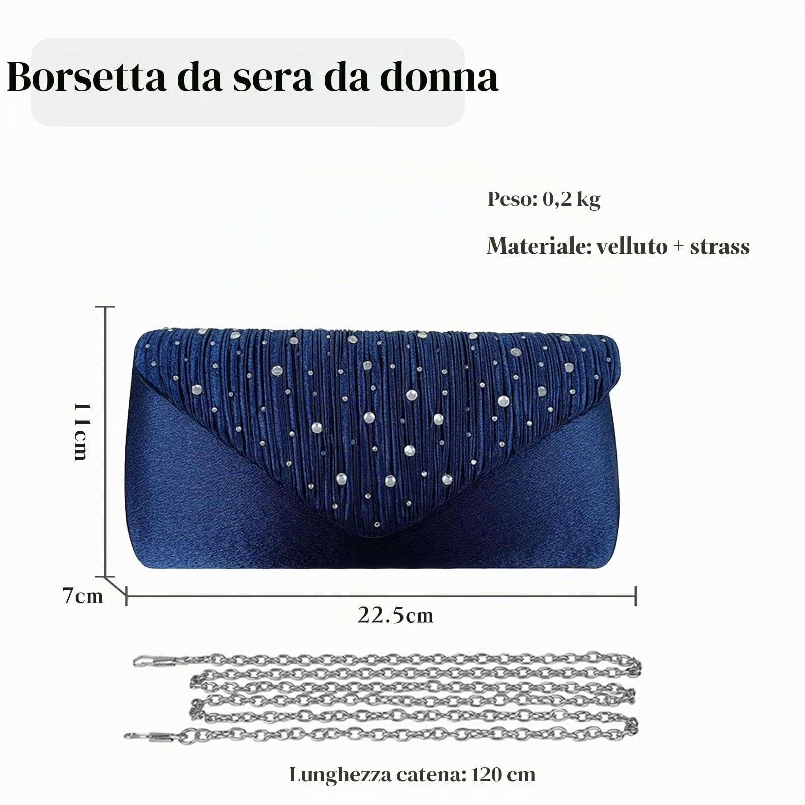 CORIOS Clutch Pochette da Sera Donna con Strass e Catena Elegante - Borsa Messenger a Tracolla per Cerimonia, Sposa, Cocktail, Festa, Ballo - Blu Scuro