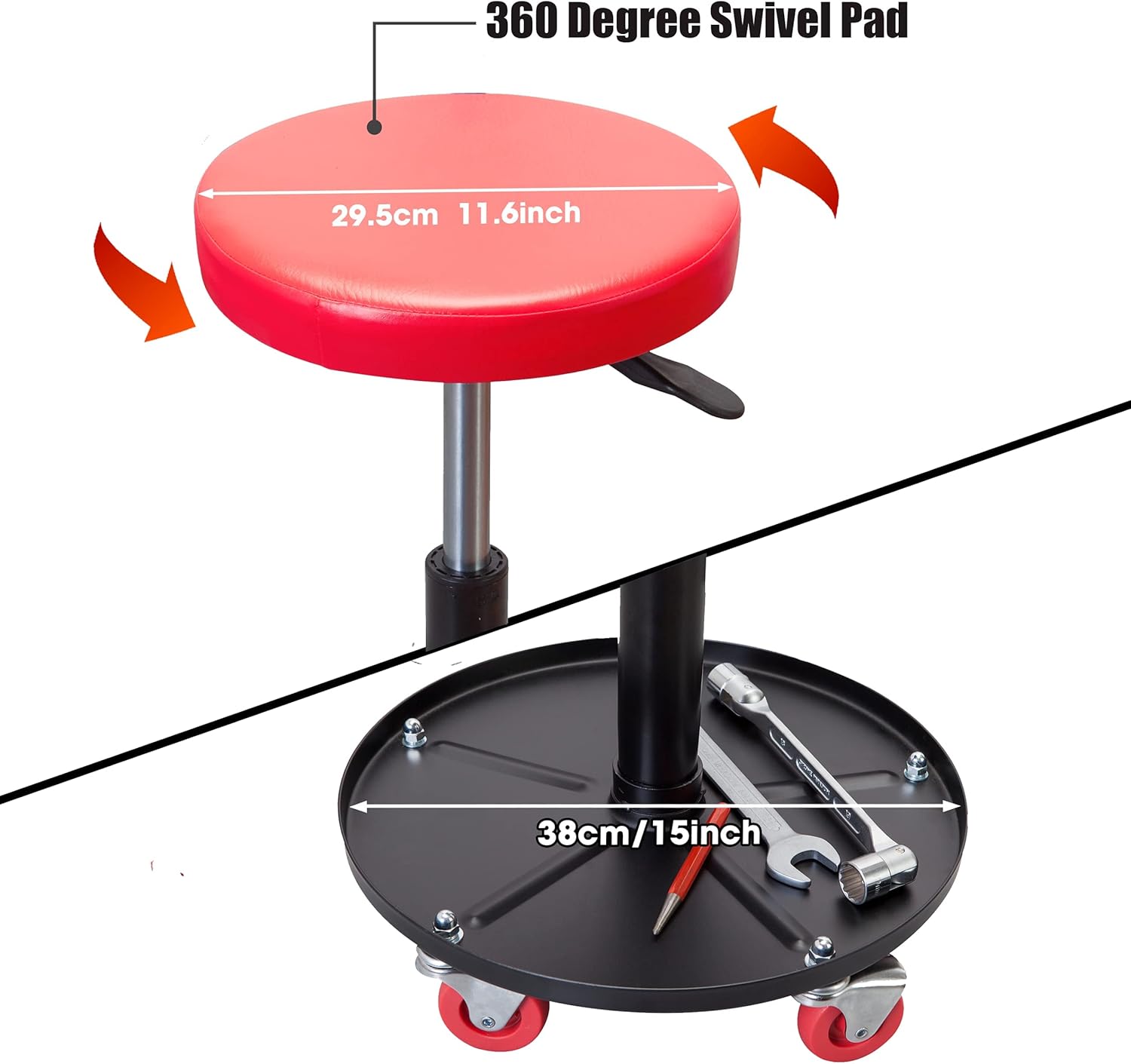 TCE Duty Rolling Pneumatic Creeper Garage/Shop Seat: Padded Adjustable Mechanic Stool with Tool Tray Storage, Red,ATRHL6201U