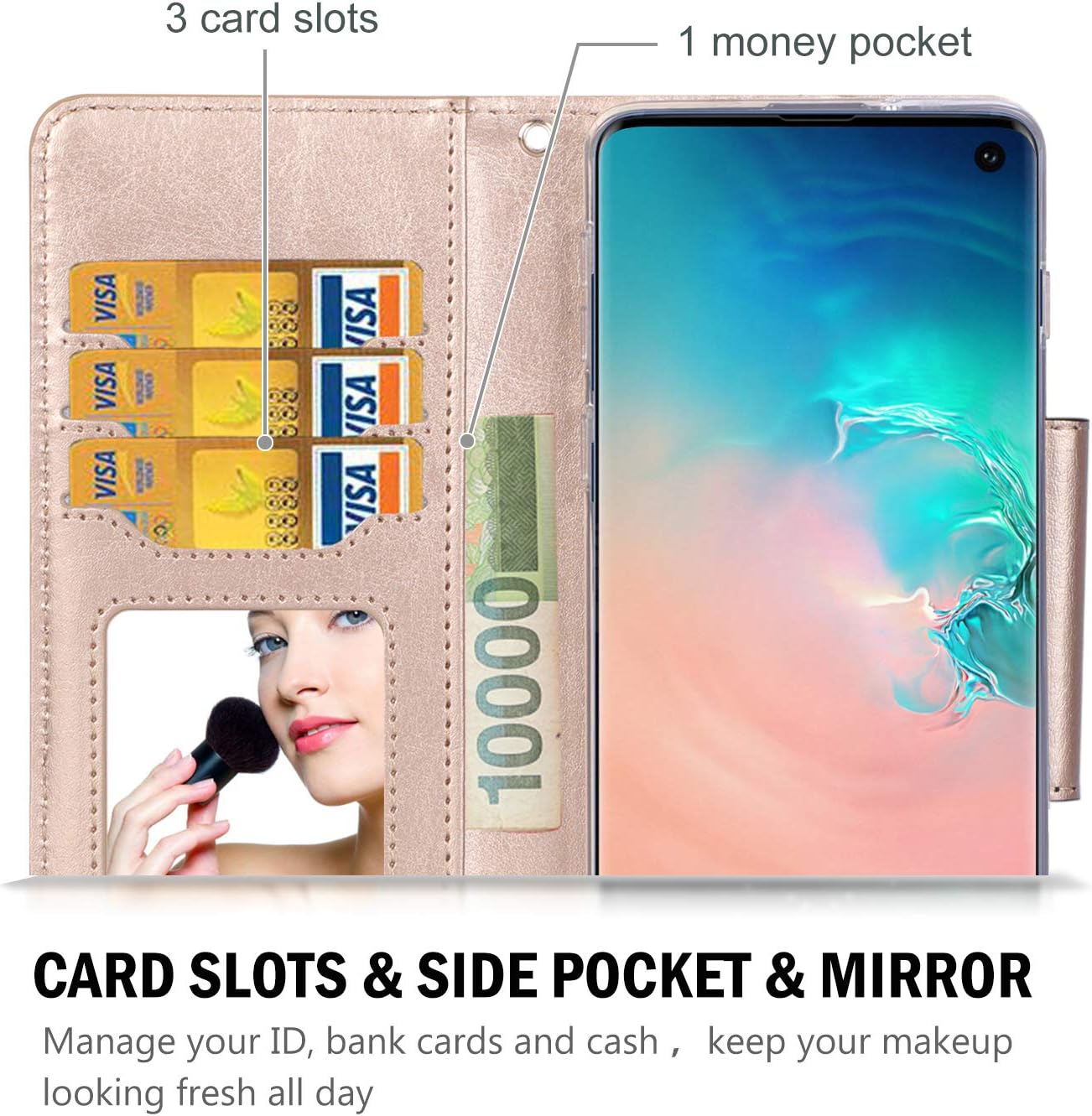 ProCase Galaxy S10 Wallet Case for Women, PU Leather Flip Folio Kickstand Case with Card Holder Wristlet Hand Strap, Folding Cover for S10 2019 -Black