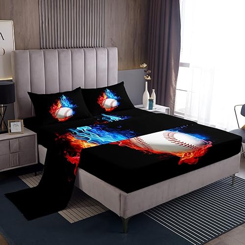 Erosebridal Juego de sábanas de béisbol para niños, tamaño individual, sábanas de llama azul y roja para adolescentes, juego de ropa de cama con