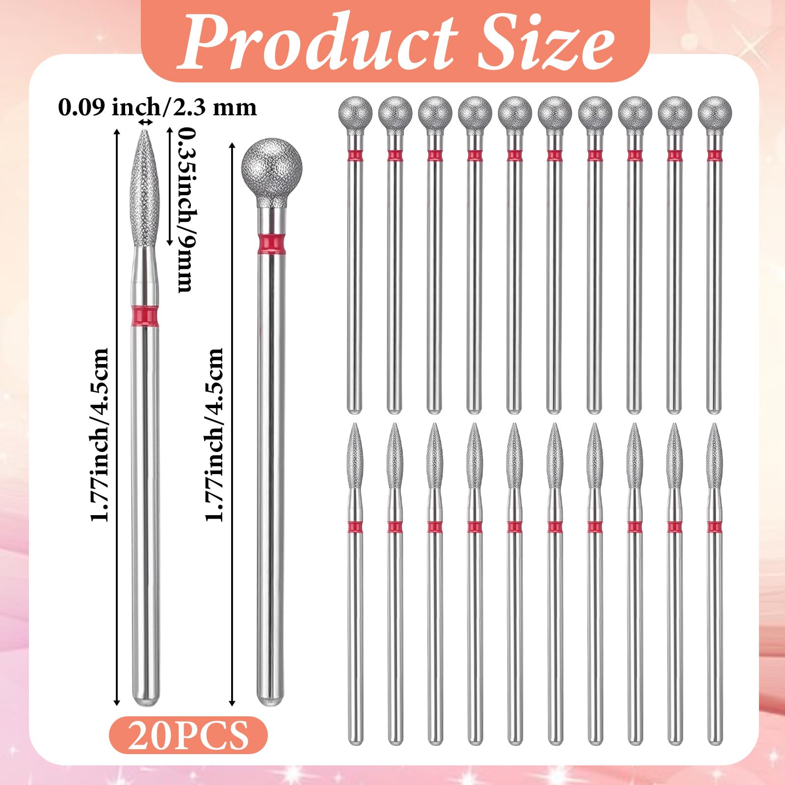Sibba Set di 20 punte da trapano per cuticole, 2 tipi di punte di sicurezza a sfera e fiamma diamantata per unghie, strumenti per manicure e pedicure da 0,9 cm, per rimozione della pelle morta e