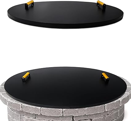 Simond Store Fire Pit Cover Round 38" - Rust Resistant 1.5mm Powder Coated Carbon Steel Firepit Lid with 2 Ergonomic Wooden Handles - Compatible for Fire Pit Inside Dia Up to 36"
