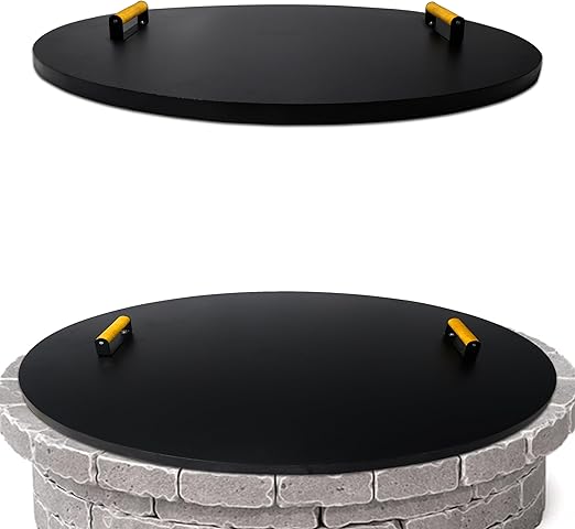 Simond Store Fire Pit Cover Round 38" - Rust Resistant 1.5mm Powder Coated Carbon Steel Firepit Lid with 2 Ergonomic Wooden Handles - Compatible for Fire Pit Inside Dia Up to 36"