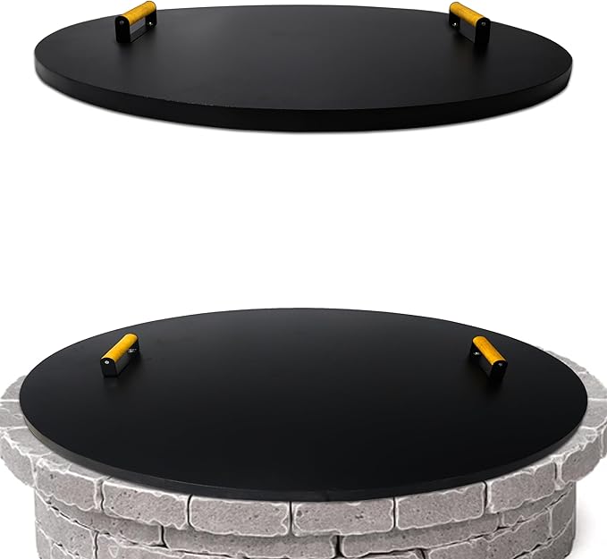 Simond Store Fire Pit Cover Round 38" - Rust Resistant 1.5mm Powder Coated Carbon Steel Firepit Lid with 2 Ergonomic Wooden Handles - Compatible for Fire Pit Inside Dia Up to 36"