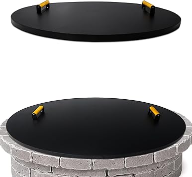 Simond Store Fire Pit Cover Round 38" - Rust Resistant 1.5mm Powder Coated Carbon Steel Firepit Lid with 2 Ergonomic Wooden Handles - Compatible for Fire Pit Inside Dia Up to 36"