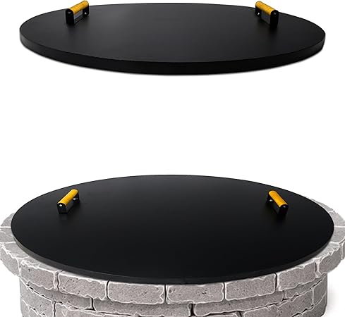 Simond Store Fire Pit Cover Round 38" - Rust Resistant 1.5mm Powder Coated Carbon Steel Firepit Lid with 2 Ergonomic Wooden Handles - Compatible for Fire Pit Inside Dia Up to 36"