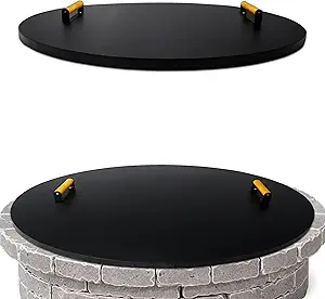 Simond Store Fire Pit Cover Round 38" - Rust Resistant 1.5mm Powder Coated Carbon Steel Firepit Lid with 2 Ergonomic Wooden Handles - Compatible for Fire Pit Inside Dia Up to 36"