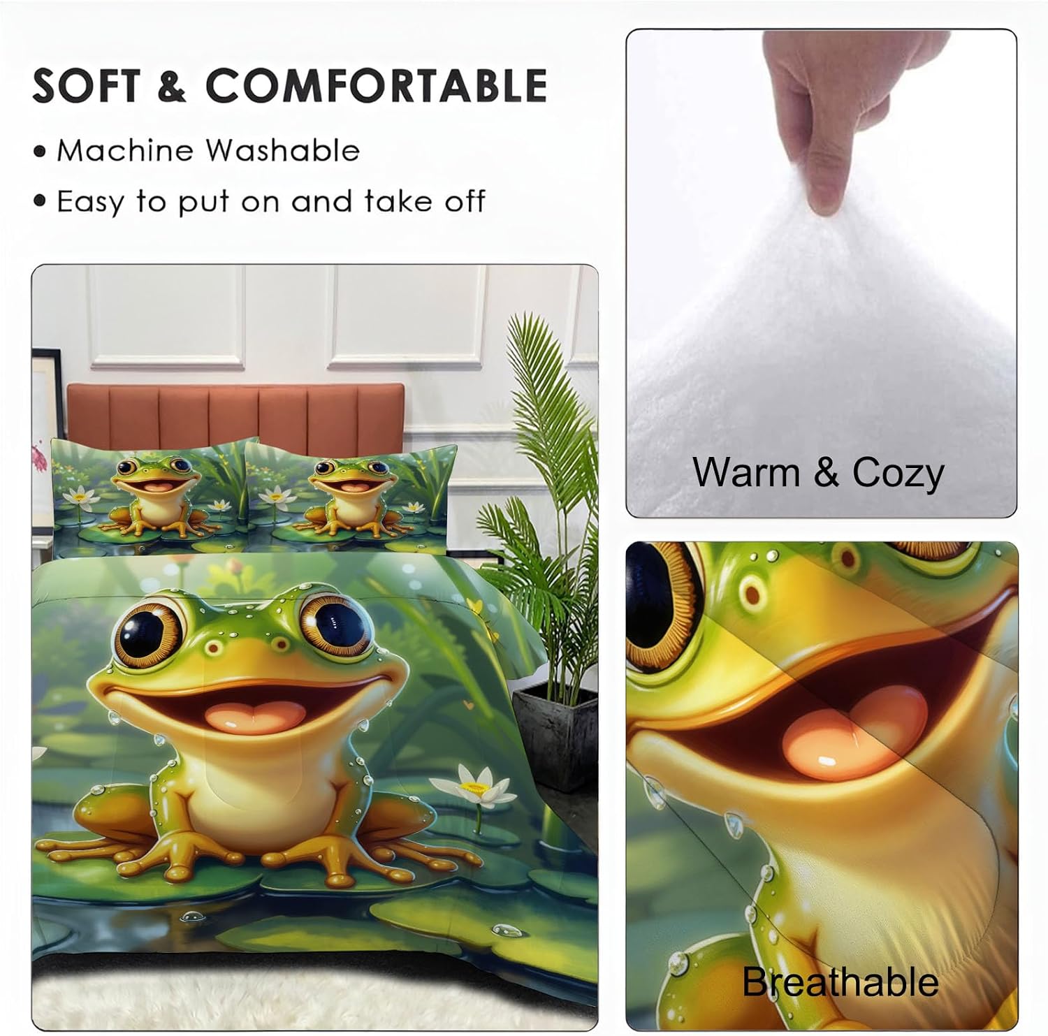 Animation Style Comforter Set King Size, Frog and Lotus Bedding Set for Girls Boys, Green Quilt Bed 104"X90" Bedding Comforter Sets with 2 Pillowcase Room Decor