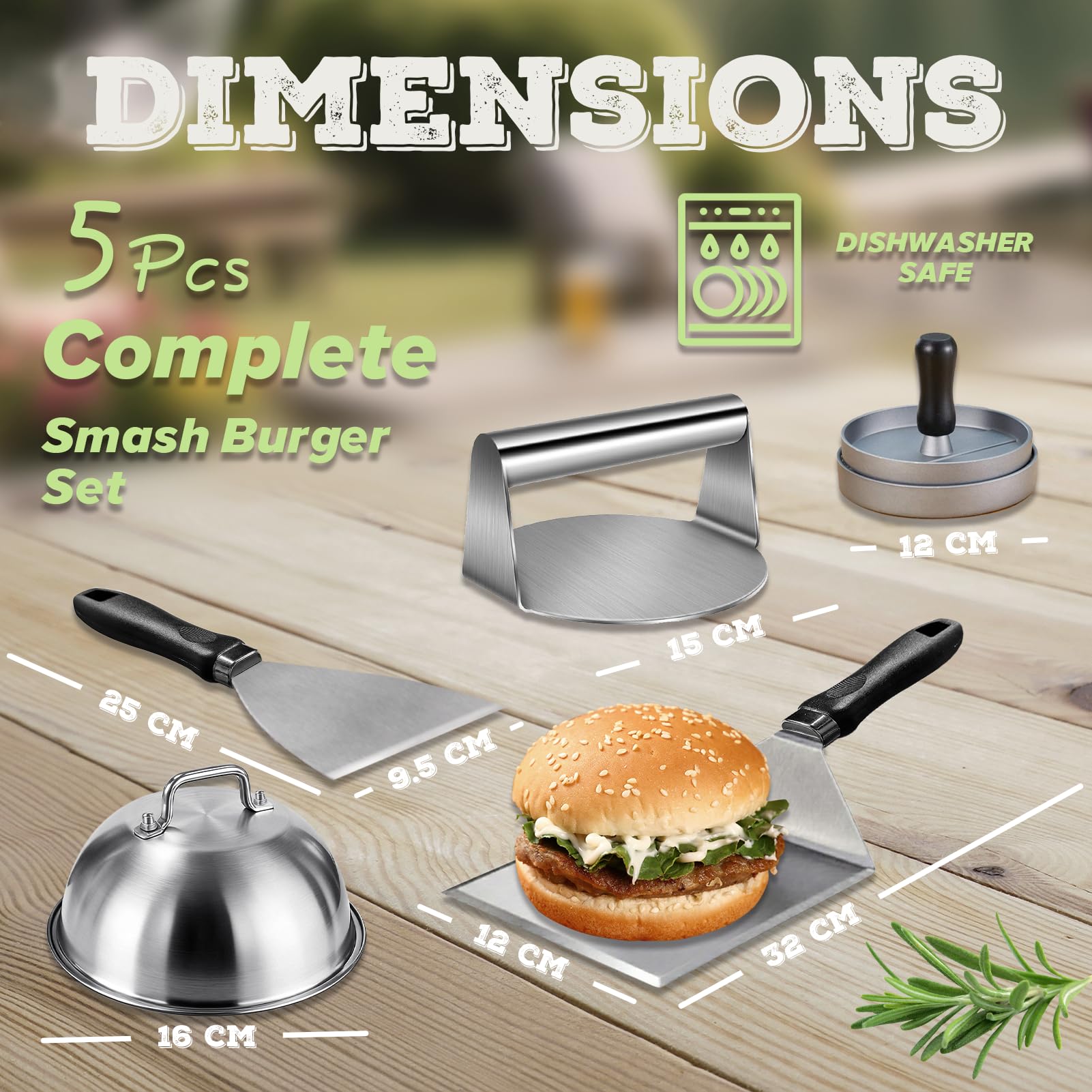 Smash Burger Set di 5 spatole per barbecue in acciaio inox per piastra grill Teppanyaki, accessori per barbecue Plancha con paletta grande, pressa per hamburger, campana per hamburger, spatola