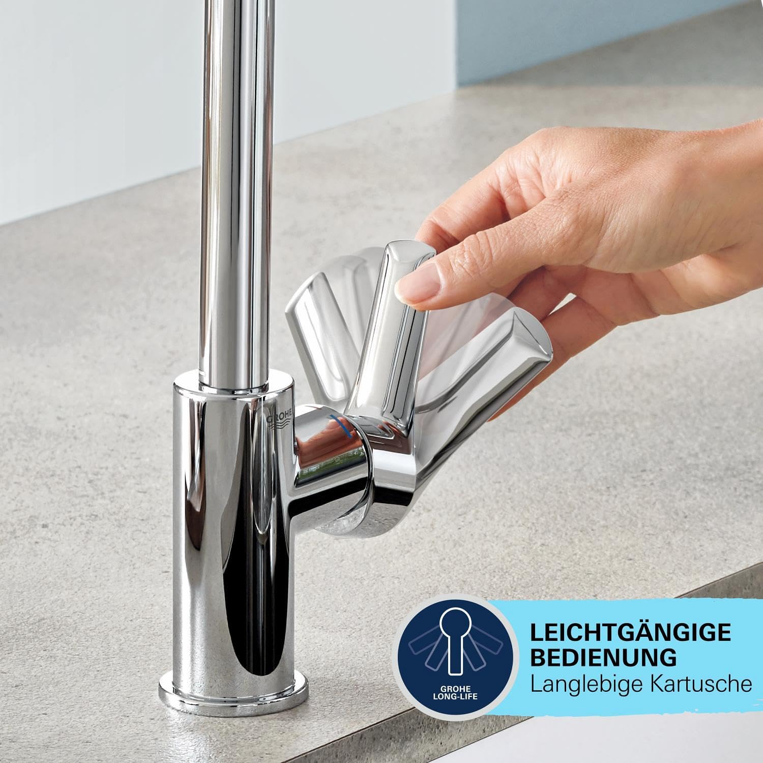 GROHE StartEdge, Waschtischarmatur hoch, wassersparend (Wasserhahn für das Bad, Badarmatur mit Zugstangen-Ablauf, 31cm hoch, mit 3in1 Werkzeug, einfache Installation am Waschbecken), chrom, 24201001
