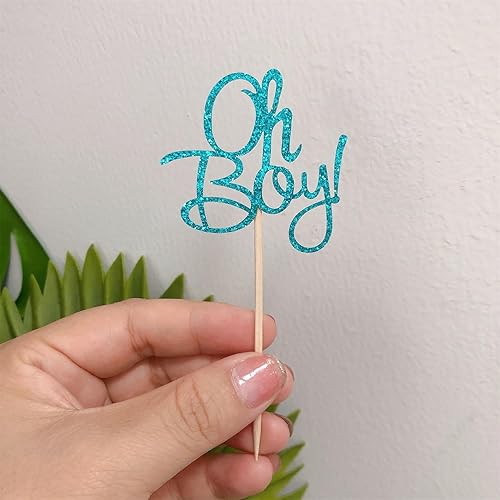 Miniatura 3 de ALISSAR Paquete de 24 adornos azules con purpurina para cupcakes, decoración de fiesta de baby shower