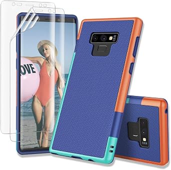 Case for Galaxy Note 9, Note 9 Case with 2 Pack HD Soft Screen Protector, Contrasting Colors Ultra Slim One-Piece Anti-Slip Rugged Soft TPU Bumper Shockproof Case Cover for Galaxy Note 9 - Blue
