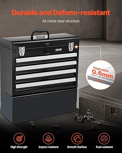 Vista 6 de VEVOR Caja de herramientas de metal, 20.5 pulgadas, caja de herramientas de metal portátil con 4 cajones, pequeña caja de herramientas con forro