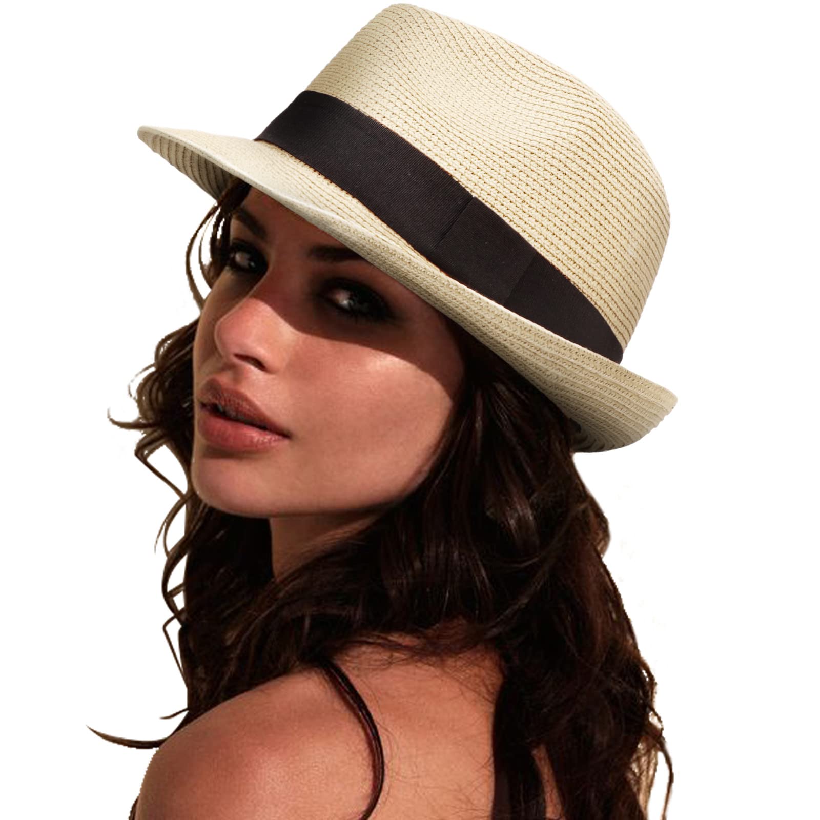 DRESHOW Women Straw Panama Hat Travel Fedora Beach Sun Hat Summer Wide Brim Straw Roll up Hat UPF 50+