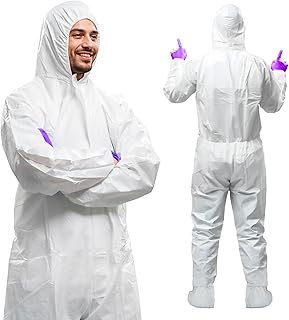 AMZ Medical Supply White Disposable Coveralls with Hood & Boots, X-Large. Pack of 5 Microporous Lab Coveralls for Men & Women. 60 GSM Painters Suit Disposable with Elastic Wrist, Lower Back, Zipper
