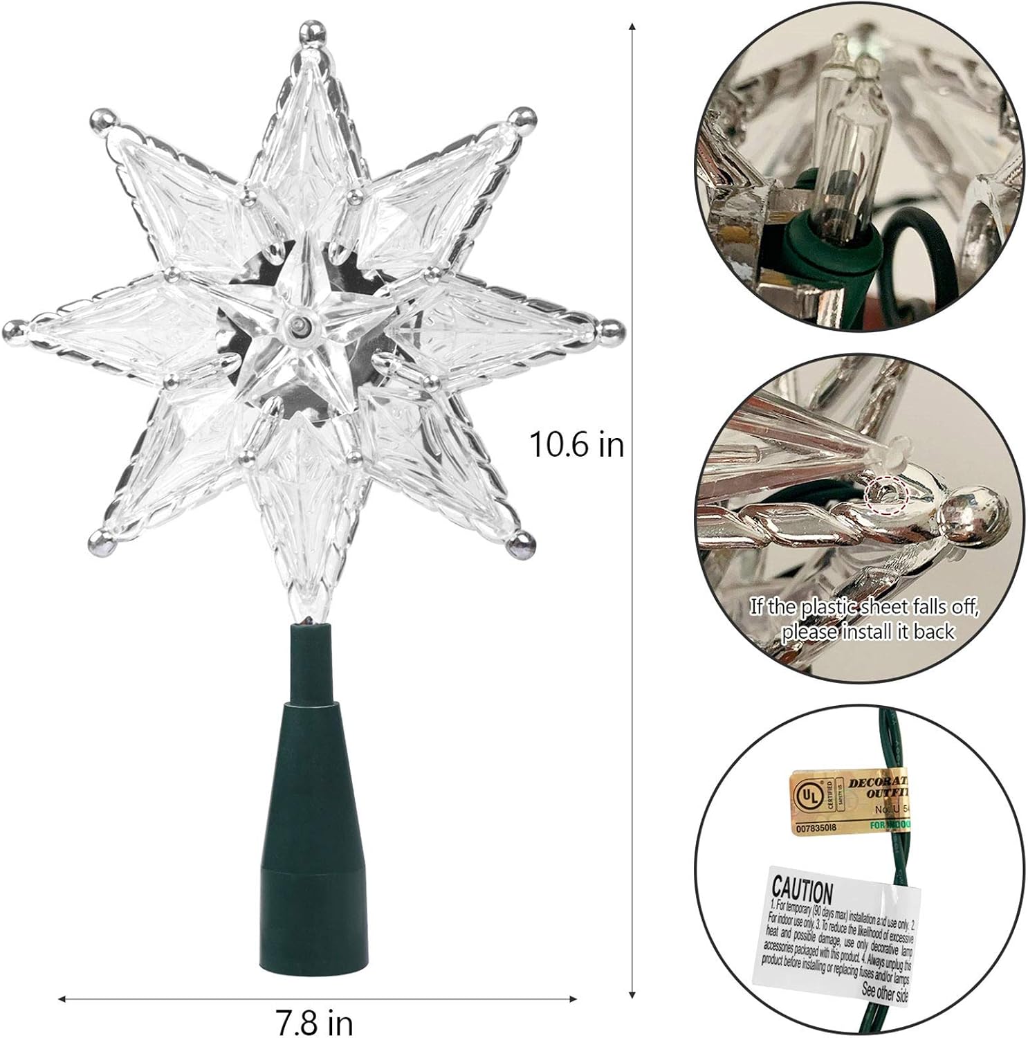 Twinkle Star Lighted Christmas Tree Topper, Clear 8-Point Star Xmas Treetop with 10 Incandescent Fairy MiniLights, Holiday Christmas Tree Decorations