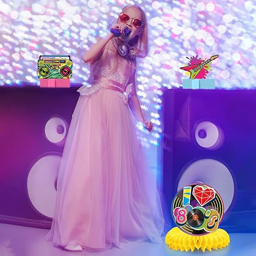 Miniatura 6 de Pasimy 16 piezas de decoraciones de fiesta de los años 80, centros de mesa de nido de abeja de los años 80, 3D, hip hop, decoración de mesa