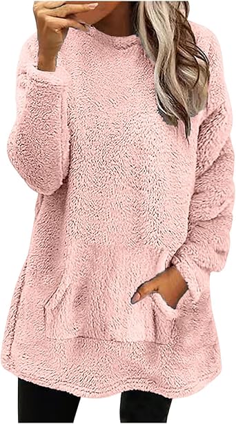 Fleece Pullover Women Fuzzy Sweaters for Women Crew Neck Sweatshirts Winter Warm Loungewear Tops with Pockets