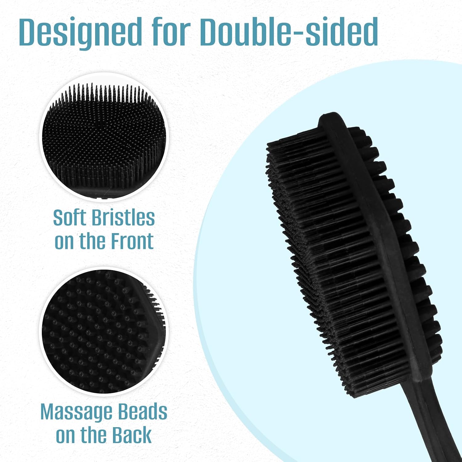 Body Scrubber Set(14'') for Body Men and Women, Long Handle Silicone Back Scrubber for Shower Bath with Soft Bristles, Silicone Body Brush for Skin Massage and Body Exfoliator, Non-Slip (Black)