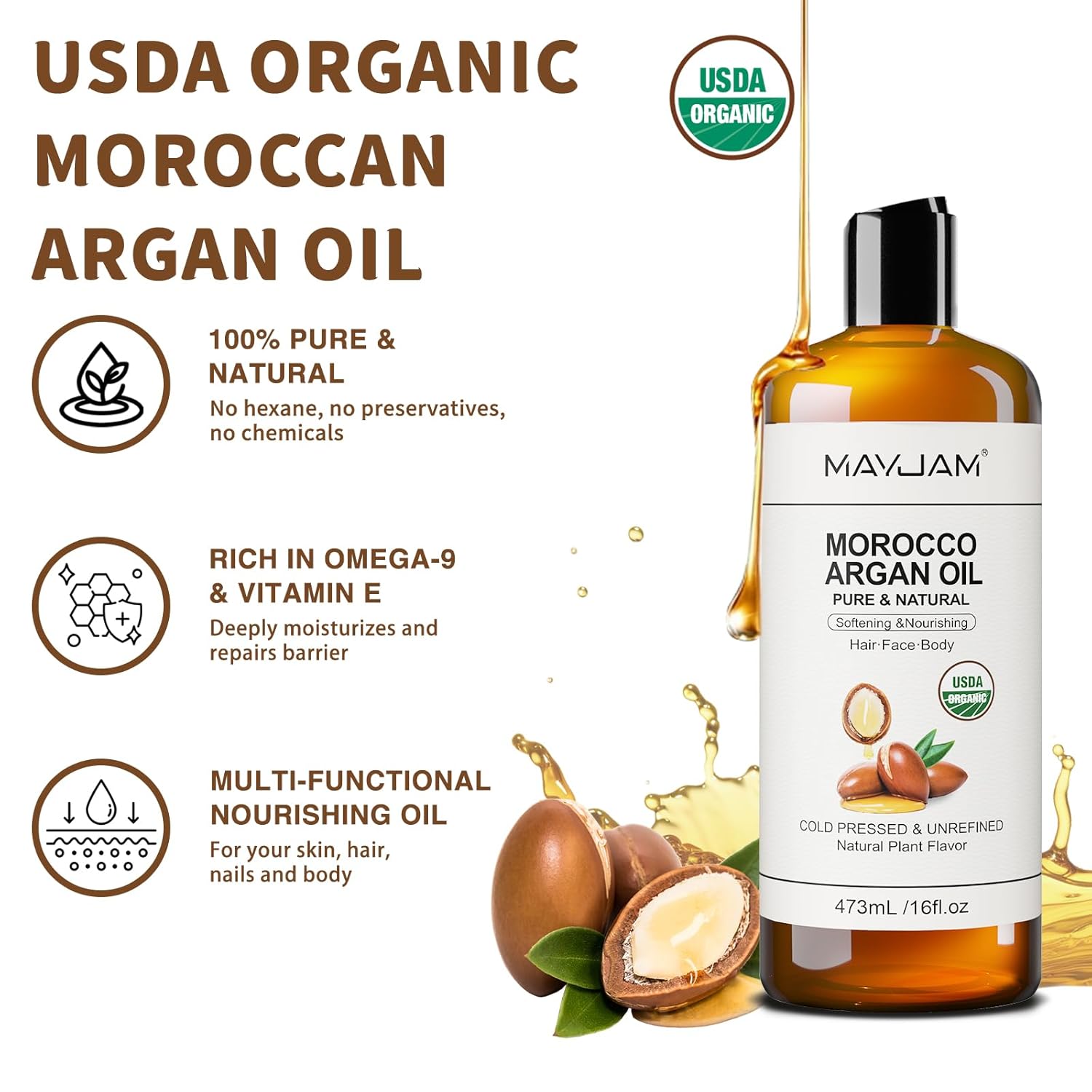 MAYJAM Organic Moroccan Argan Oil 16 Fl Oz, USDA Certified 100% Pure & Natural Carrier Oil For Dry, Damaged Skin, Hair, Face, Body & Scalp Moisturing, Massage Oils for Essential Oils Mixing (473ml) - Image 2