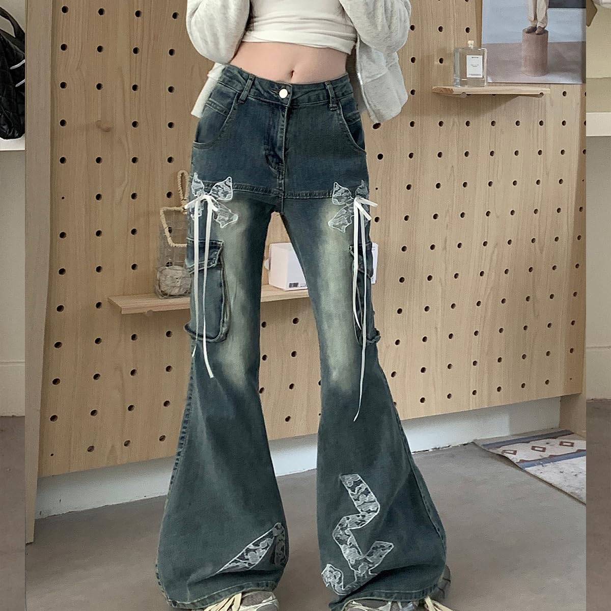 Fashion Y2K High Waisted Wide Leg Jeans Casual Vintage Lace Drawstring Patchwork Slim Flared Denim Pants