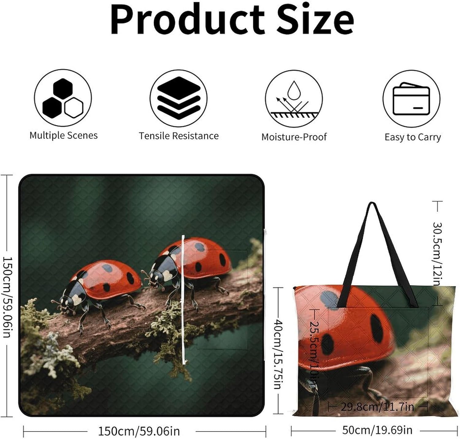 Ladybug Picnic Blanket 150x150cm, Foldable 2-in-1 Picnic Mat and Tote Bag Portable Waterproof Beach Mat Sandproof Outdoor Blanket for Park, Hiking, Beach, Camping, Travel