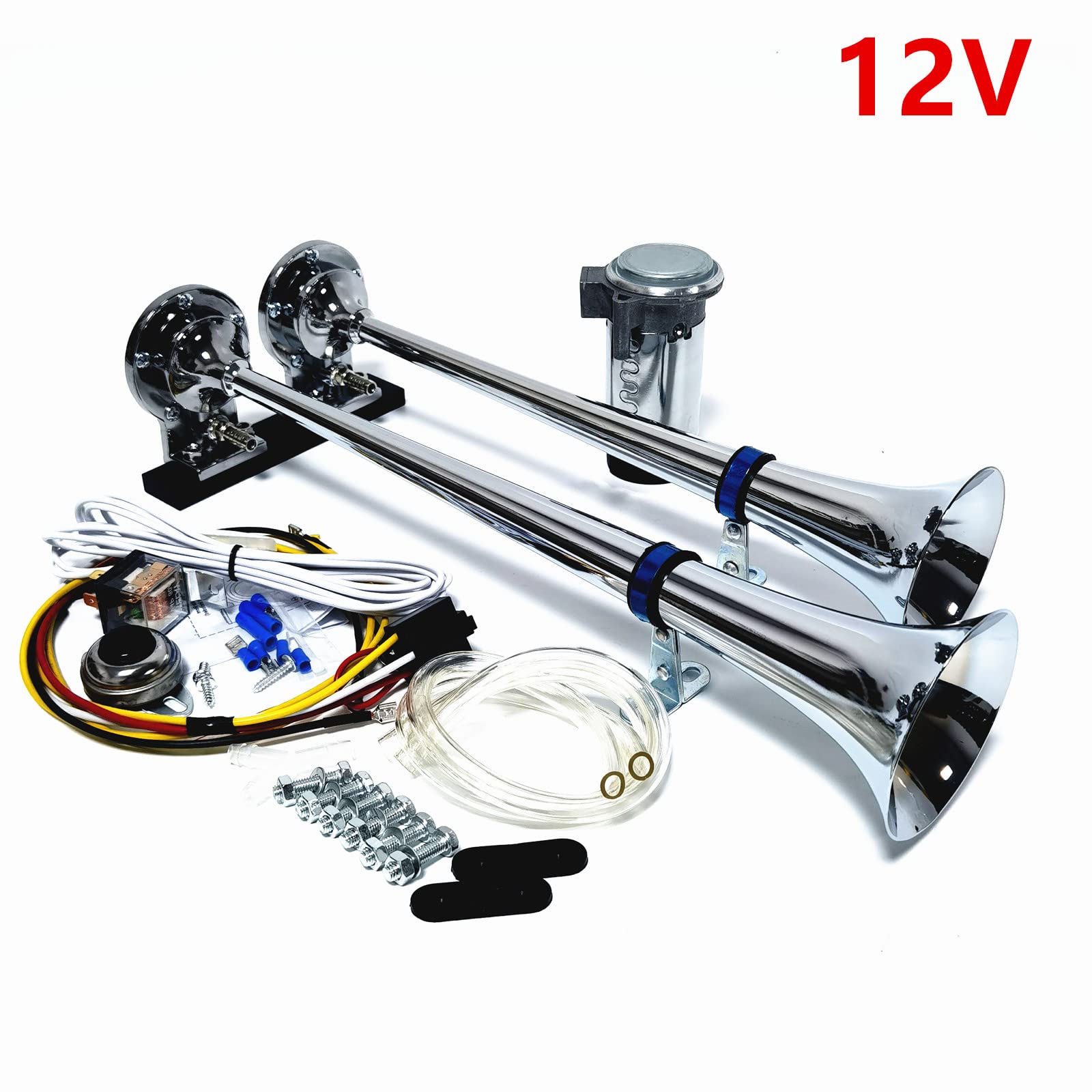 Tromba d'aria 12V Altoparlante argento 165db Staffa a fascia per avvisatore acustico per camion Tromba a doppio tubo in zinco cromato con clacson della pompa dell'aria Horn per 12V auto SUV ecc