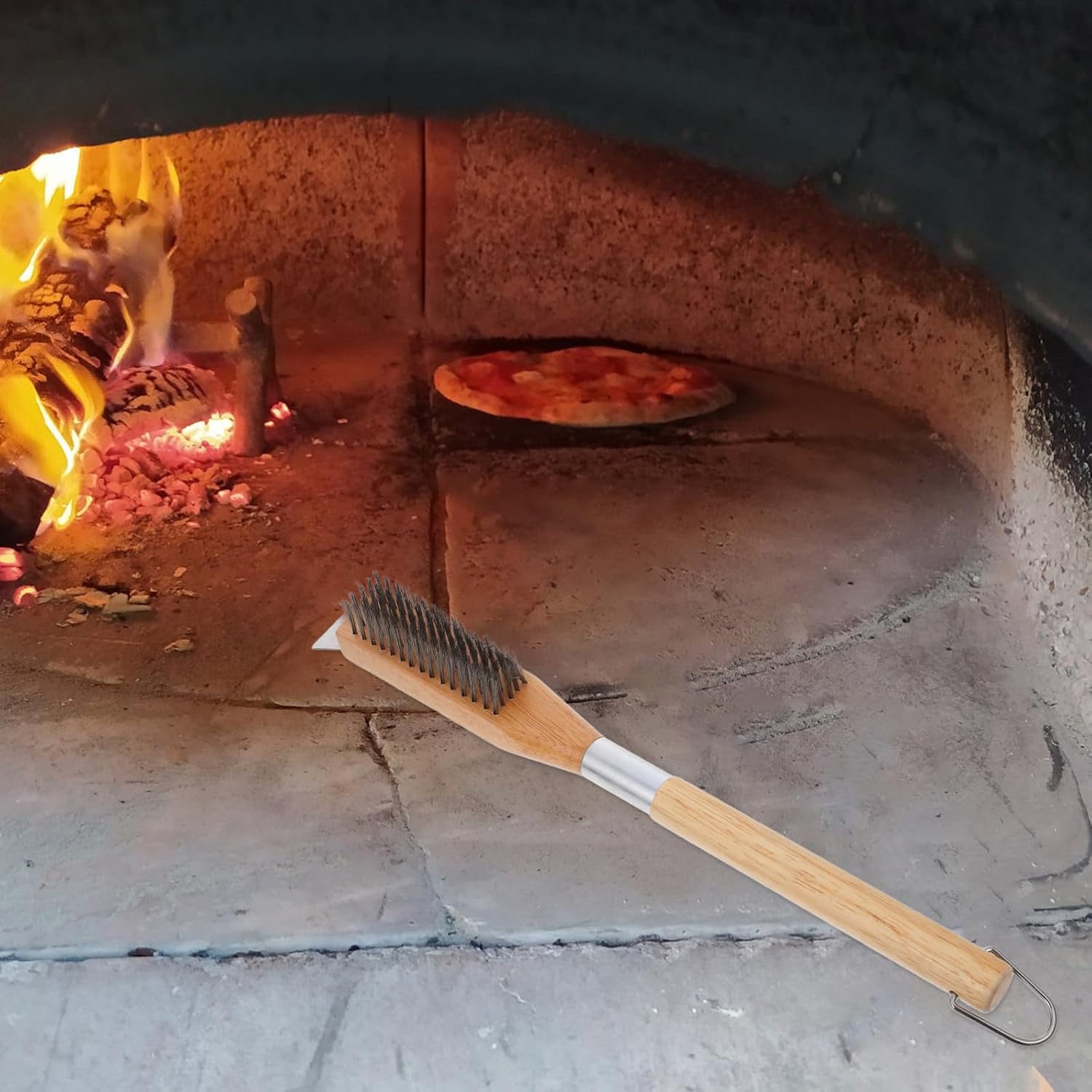 VICASKY Pizza Oven Brush Easy to Use Stainless Steel with Wooden Handle Wire Brush Comfortable Grip, Oven Cleaner Tool for Pizza Stone Cleaning for Kitchen Maintenance