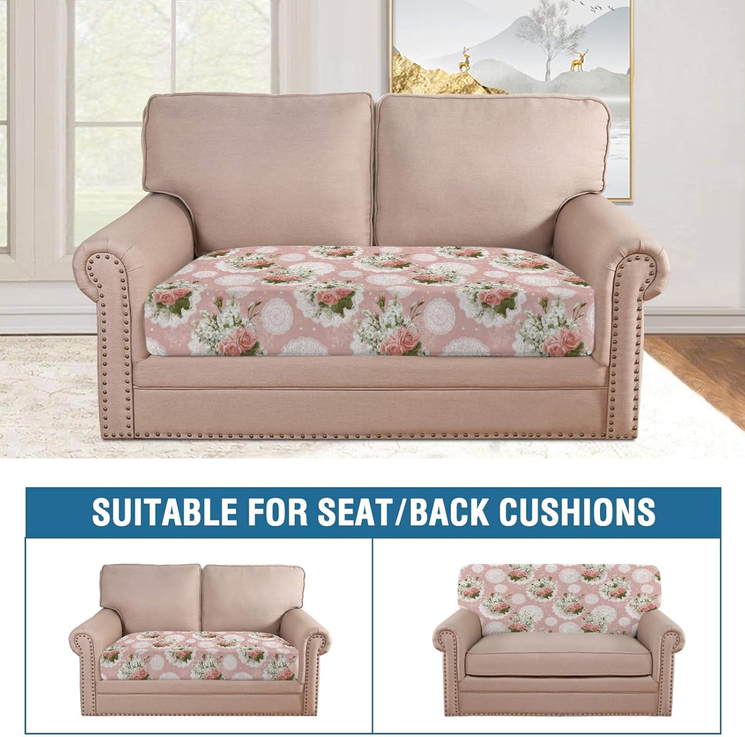 Spring Lace Pink Roses Loveseat Covers Couch Covers for 2 Cushion Couch, 2-Piece Stretch Sofa Slipcovers Anti-Slip Washable Furniture Protectors for Dogs Pets