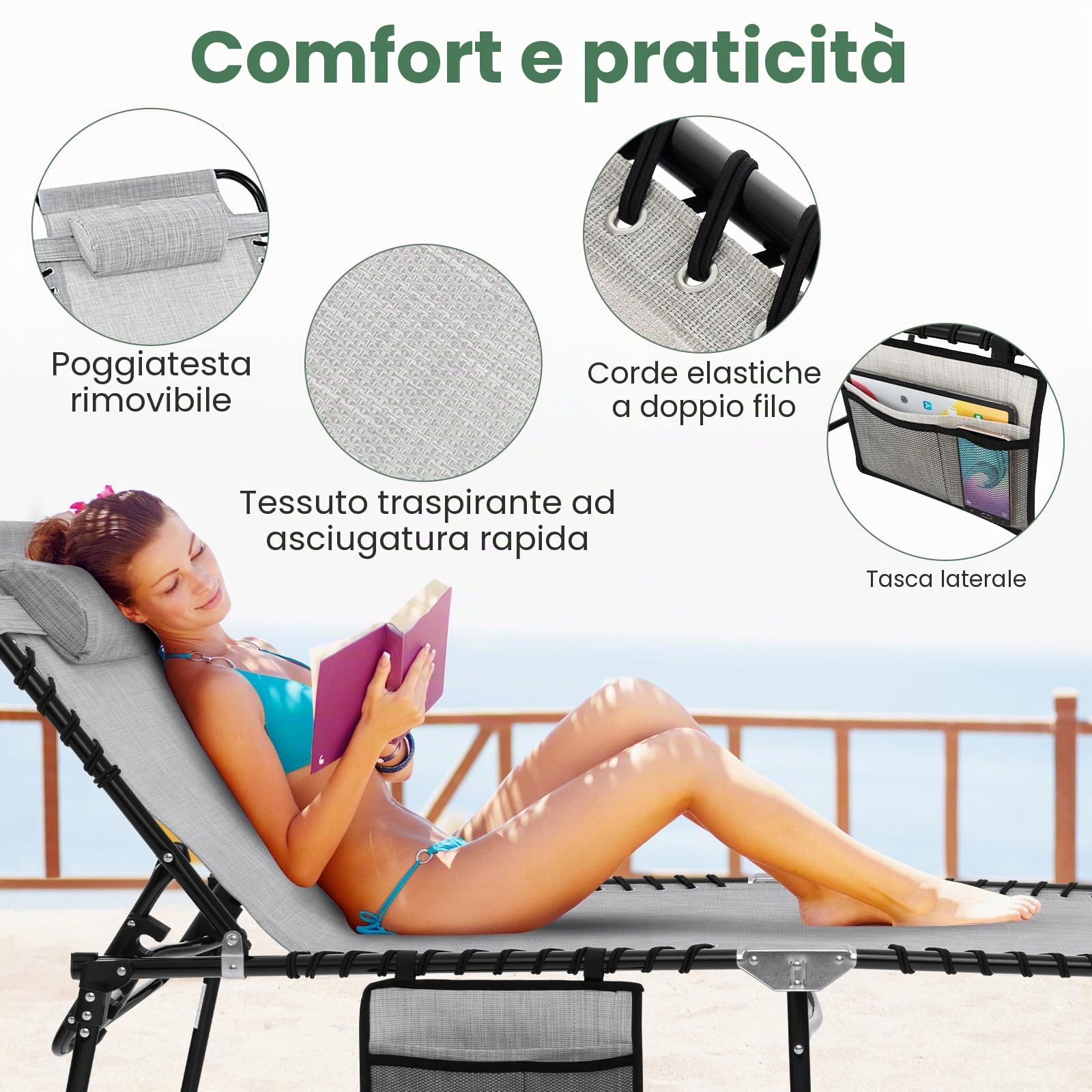 GIANTEX Sdraio Pieghevole con Schienale e Poggiatesta Regolabili