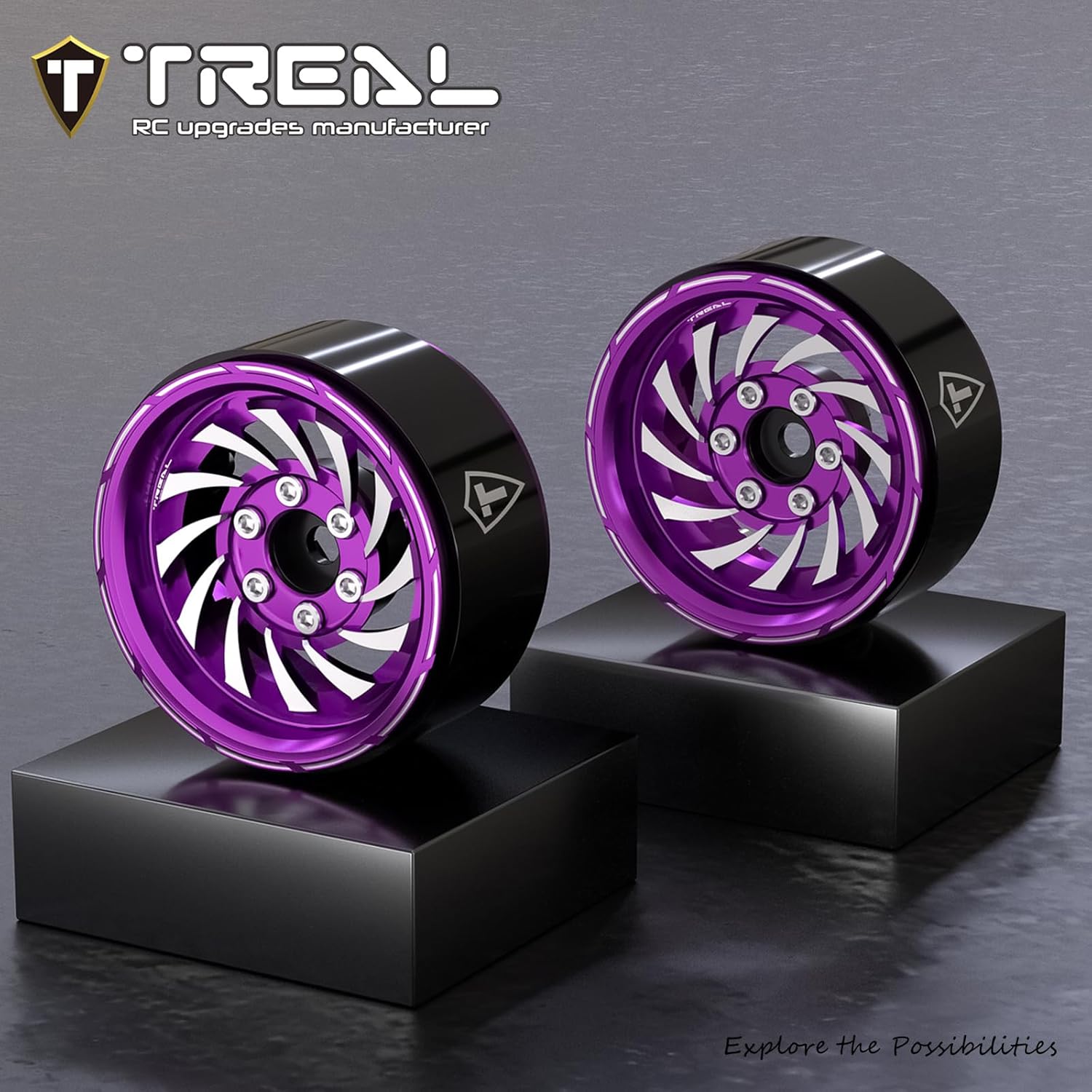 TREAL 1.9 Beadlock Wheels - Cyclone Style CNC Machined Aluminum Rims (4-Pack) Pink/Purple for 1/10 RC Crawlers TRX4, SCX10 III, and Ascent(Purple)