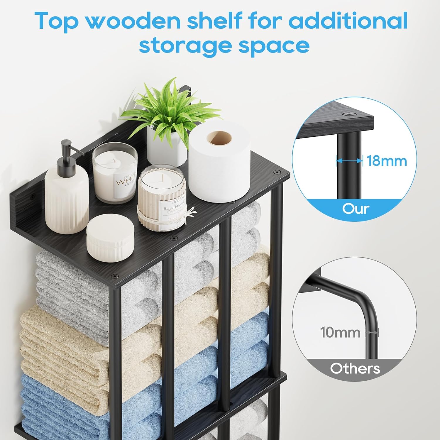 Towel Racks for Bathroom Wall Mounted, Updated 4 Bar Wall Towel Holder | Large Bathroom Towel Storage Rack for Rolled Towels, Modern Metal Towel Organizer Shelf with Wooden Storage Shelf