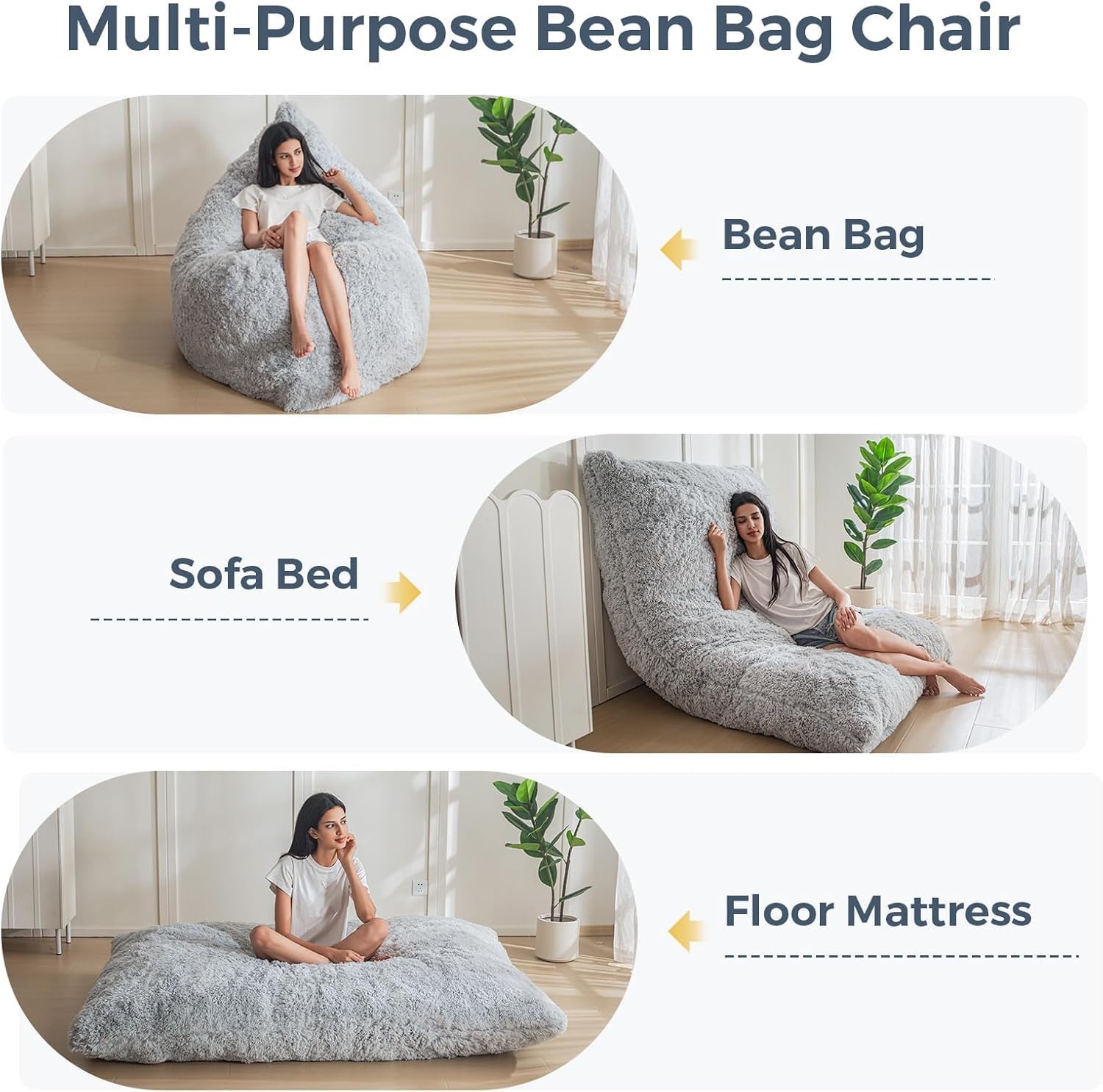 MAXYOYO 3 in 1 Bean Bag Chair, Giant Bean Bag Sofa Bed, Floor Mattress with High-Density Foam Filling, Bean Bag Chair for Adult