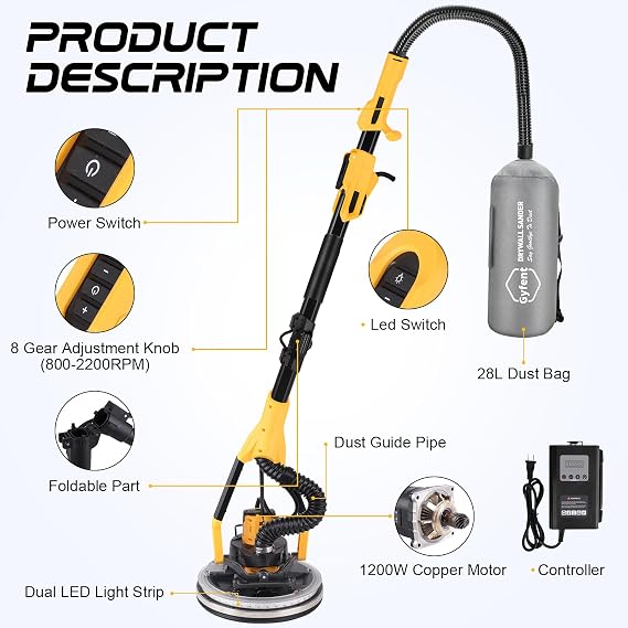 Brushless Drywall Sander, 1200W 10-Amp Popcorn Ceiling Removal Tool with 800-2200RPM 8 Variable Speed 12pcs Sanding Discs Drywall Sander with Vacuum Dust Collector LED Light for Ceiling Sanding