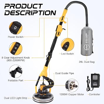 Brushless Drywall Sander, 1200W 10-Amp Popcorn Ceiling Removal Tool with 800-2200RPM 8 Variable Speed 12pcs Sanding Discs Drywall Sander with Vacuum Dust Collector LED Light for Ceiling Sanding
