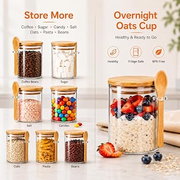 PFUM Airtight Glass Sugar Container, 20oz Storage Jars With Wooden Spoons and Lids, Leak-Proof Glass Jars for Serving Coffee, Sugar, Spices, Tea, and As Overnight Oats or Yogurt Cups(2 Pack)