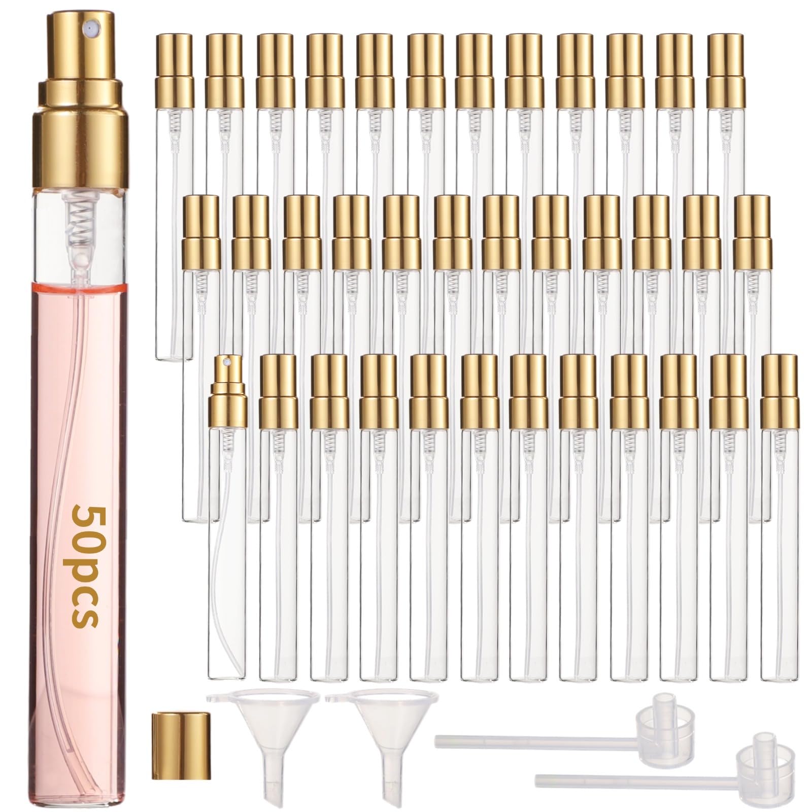 Parfümzerstäuber aus Glas, 50 Mini-Flaschen, nachfüllbar, feiner Sprühnebel, Reisegröße mit Trichtern, tragbar, 8,5 g (10 ml)