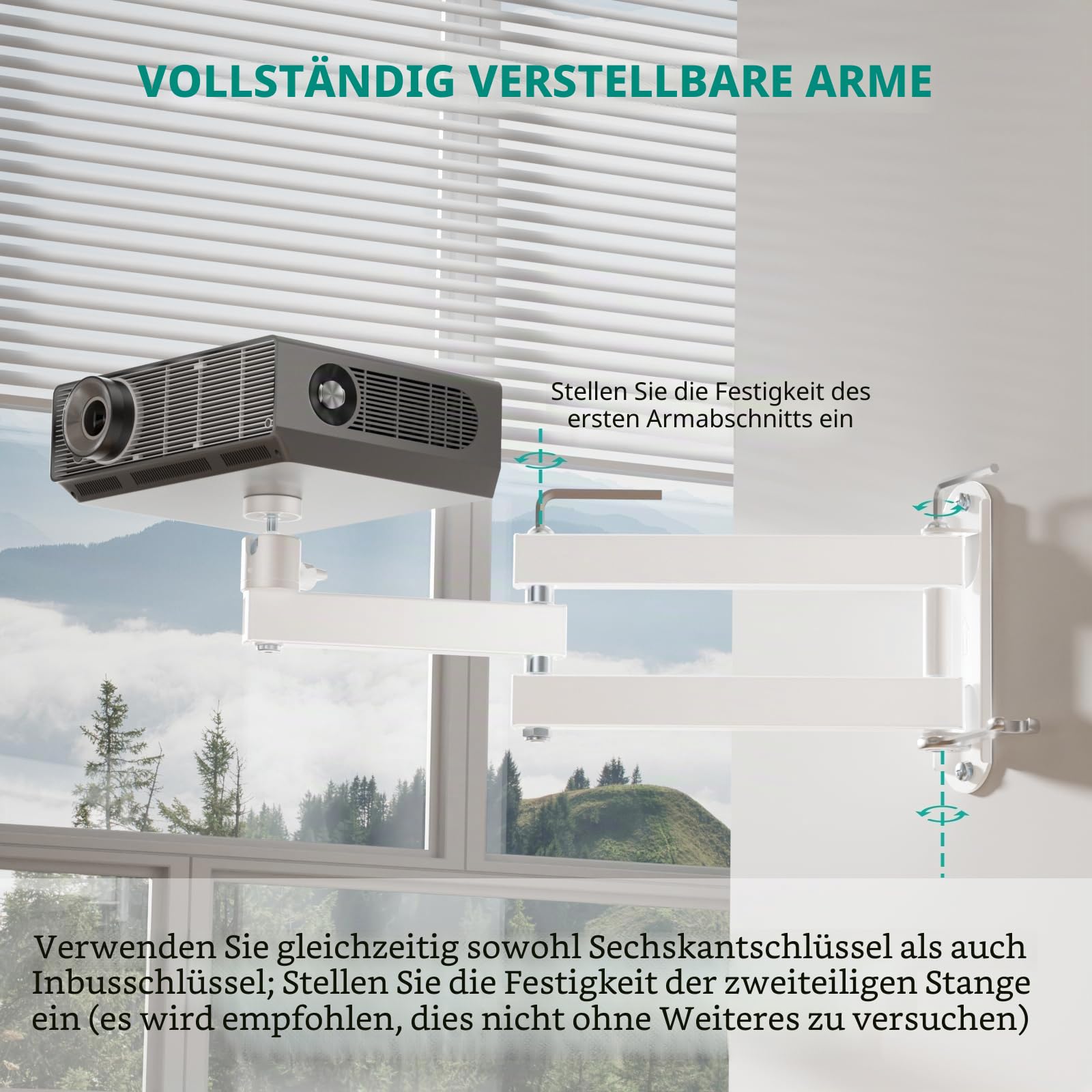 WALI Faltbare Projektor-Wandhalterung, universal, verstellbar, Aluminiumlegierung, Projektorständer, 6,35 mm M4 M6 Schraubengröße, (1330LM-PMW), Weiß