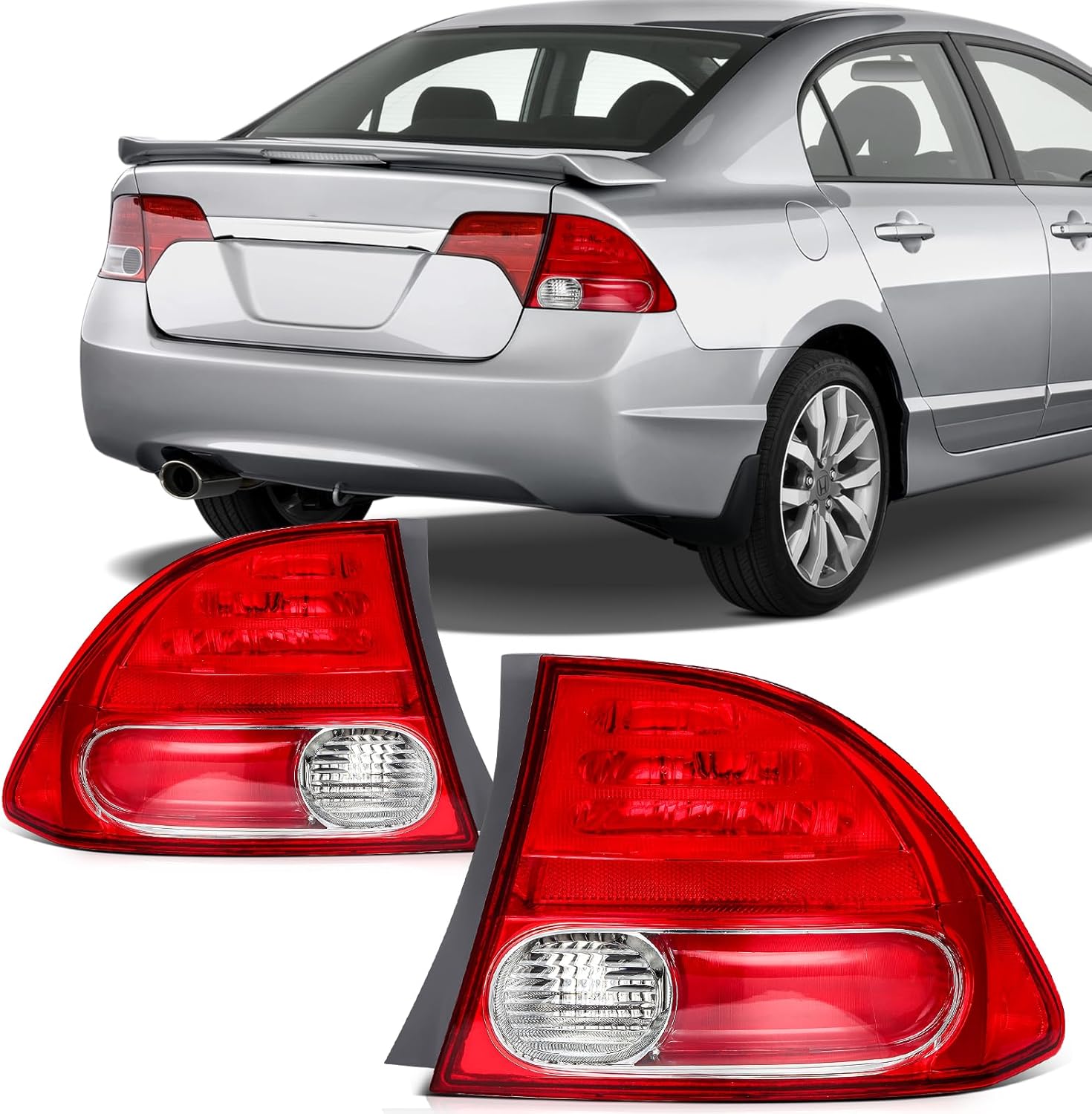 SCITOO Tail Light Assembly Fit 2006-2008 for Honda Civic Sedan Pair Taillamps Chrome Housing Red Lens HO2801165