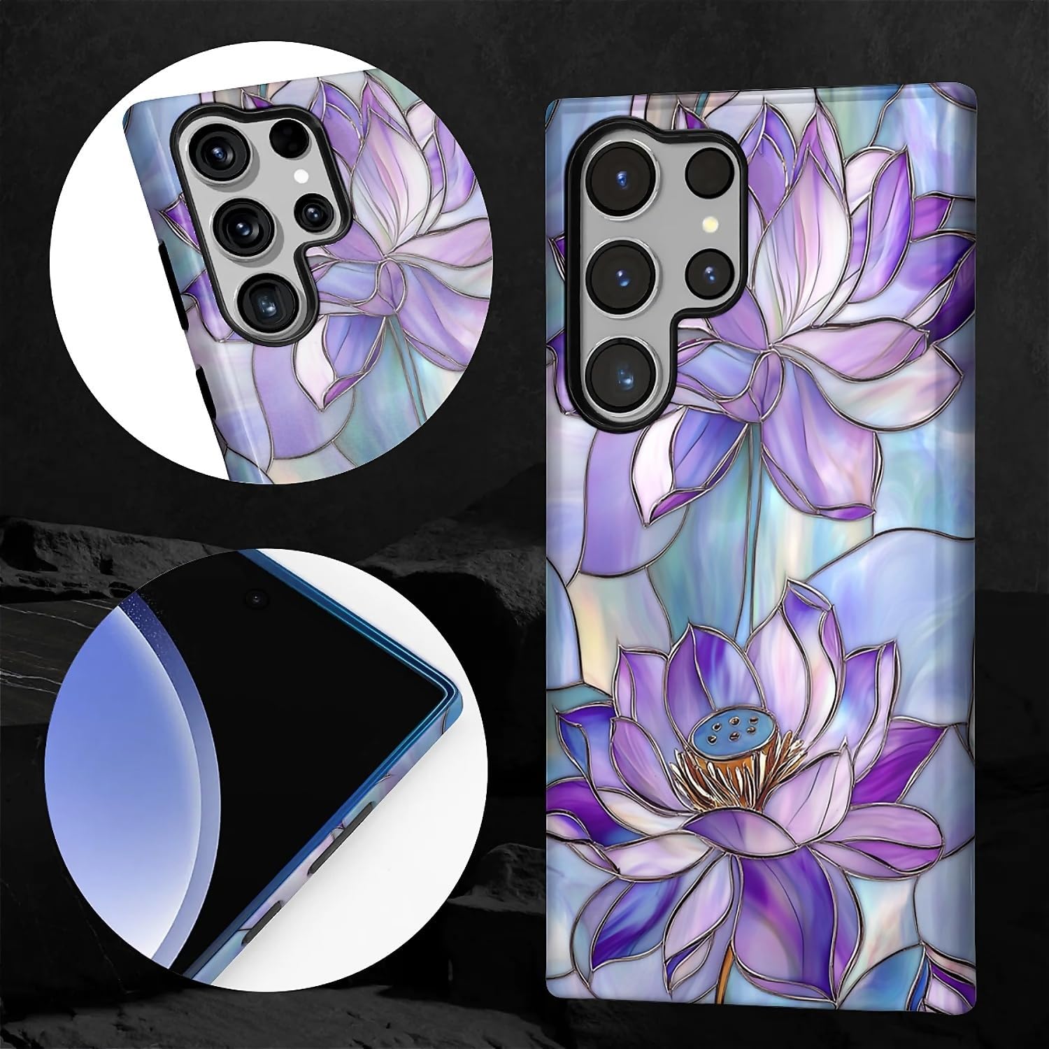 for Samsung Galaxy S23 Ultra Case for Women Girl Men Boy, Shockproof Soft Silicone & Hard PC Shell Protective Case for Samsung Galaxy S23 Ultra - Stained Glass-Style Lotus Flowers image 4