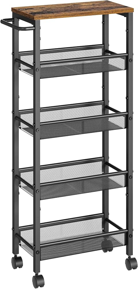 VASAGLE Carrello a 5 Ripiani, Carrello Cucina Salvaspazio con Ruote, Struttura in Acciaio, Maniglia, Carrellino Piccoli Spazi, Bagno Salotto Studio, Marrone Vintage e Nero LRC035B01
