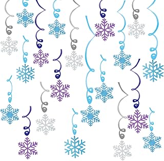 30CT Christmas Snowflake Hanging Swirl Decorations, Winter Snowflakes Frozen Birthday Party Ceiling Streamer Purple Blue Silver Snowflake Garland for Winter Party Wonderland Xmas New Year Party Decor