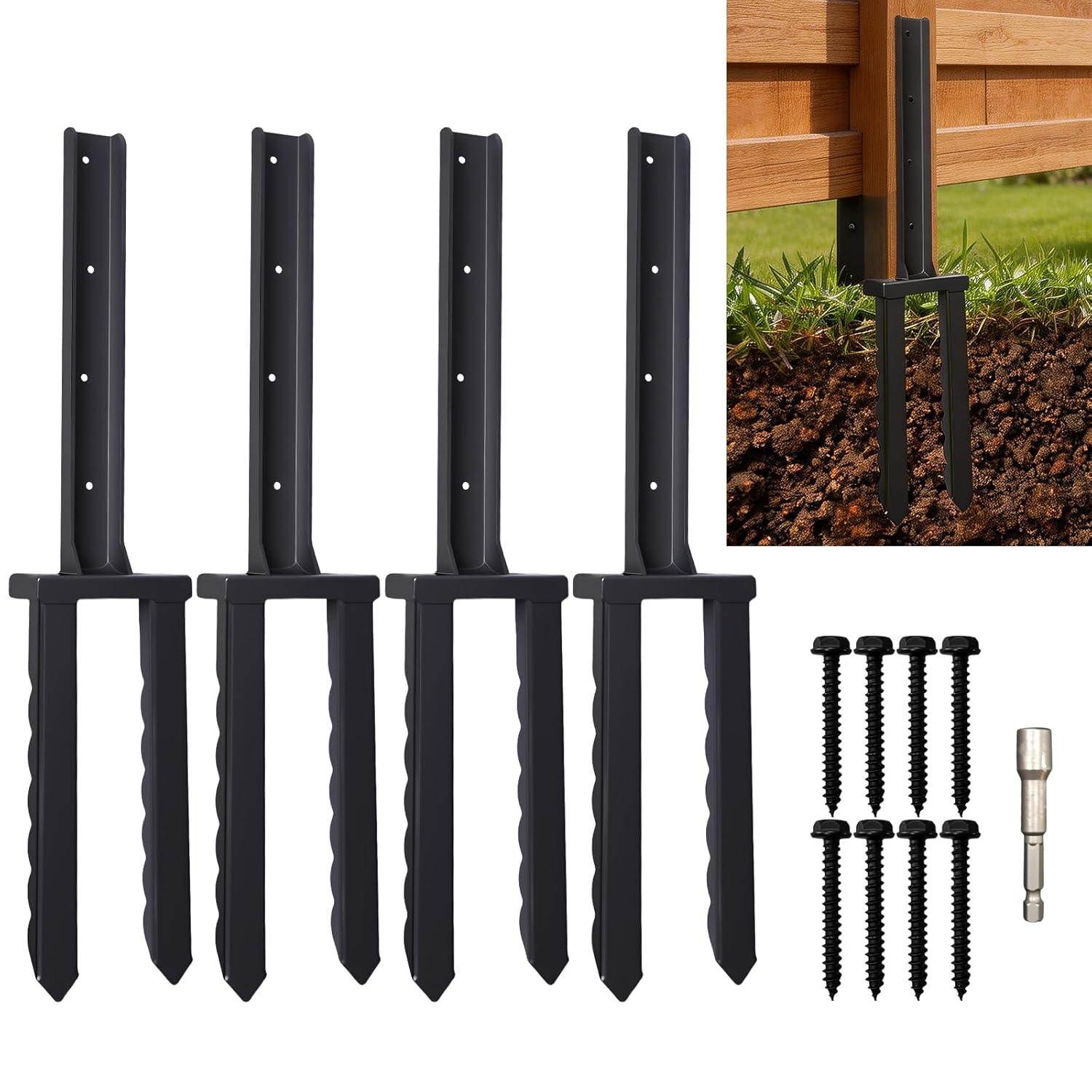 Fence Post Repair Kit 4 Pack,30" Heavy Duty Fence Post Stake Spike with Black Powder-Coated,Thickened Anchor Ground Spike for Repair Tilted/Broken Wood Fence Post