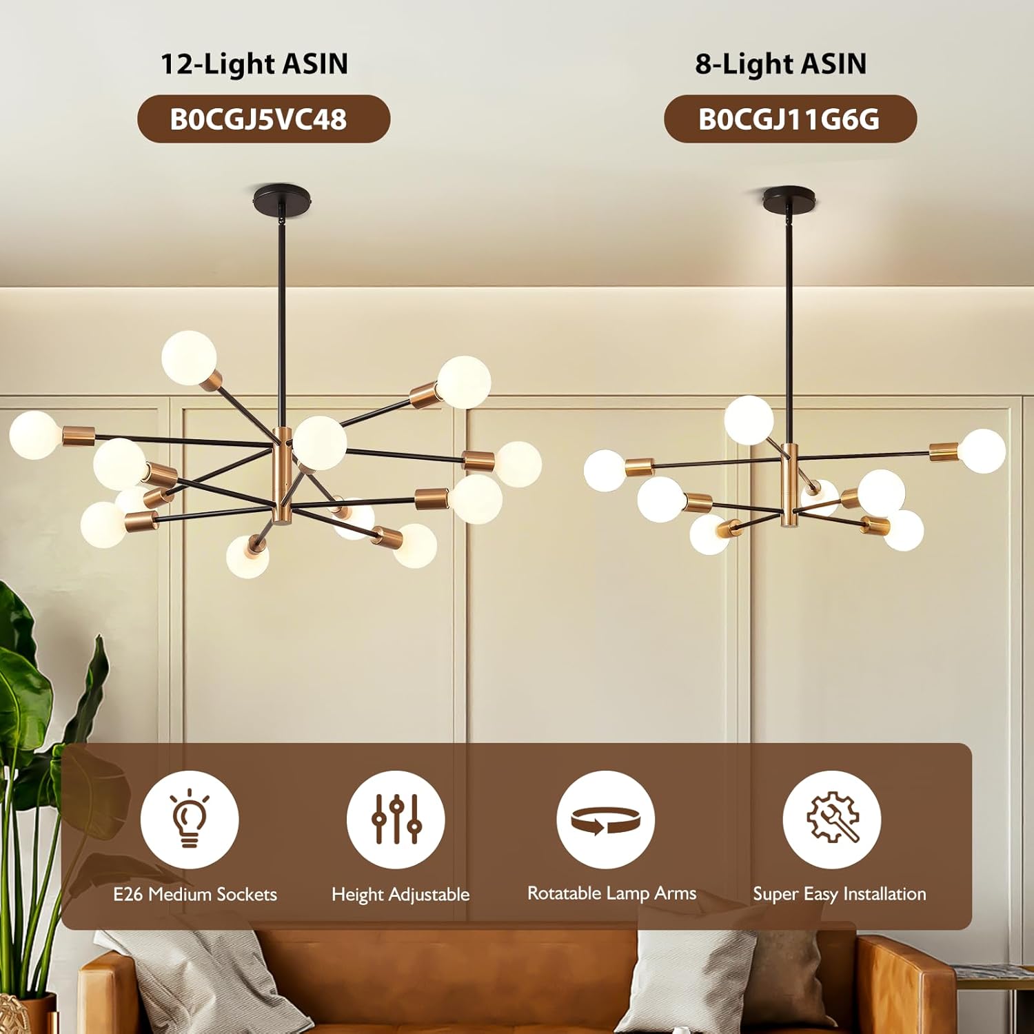 12-Light Black and Gold Sputnik Metal Chandelier