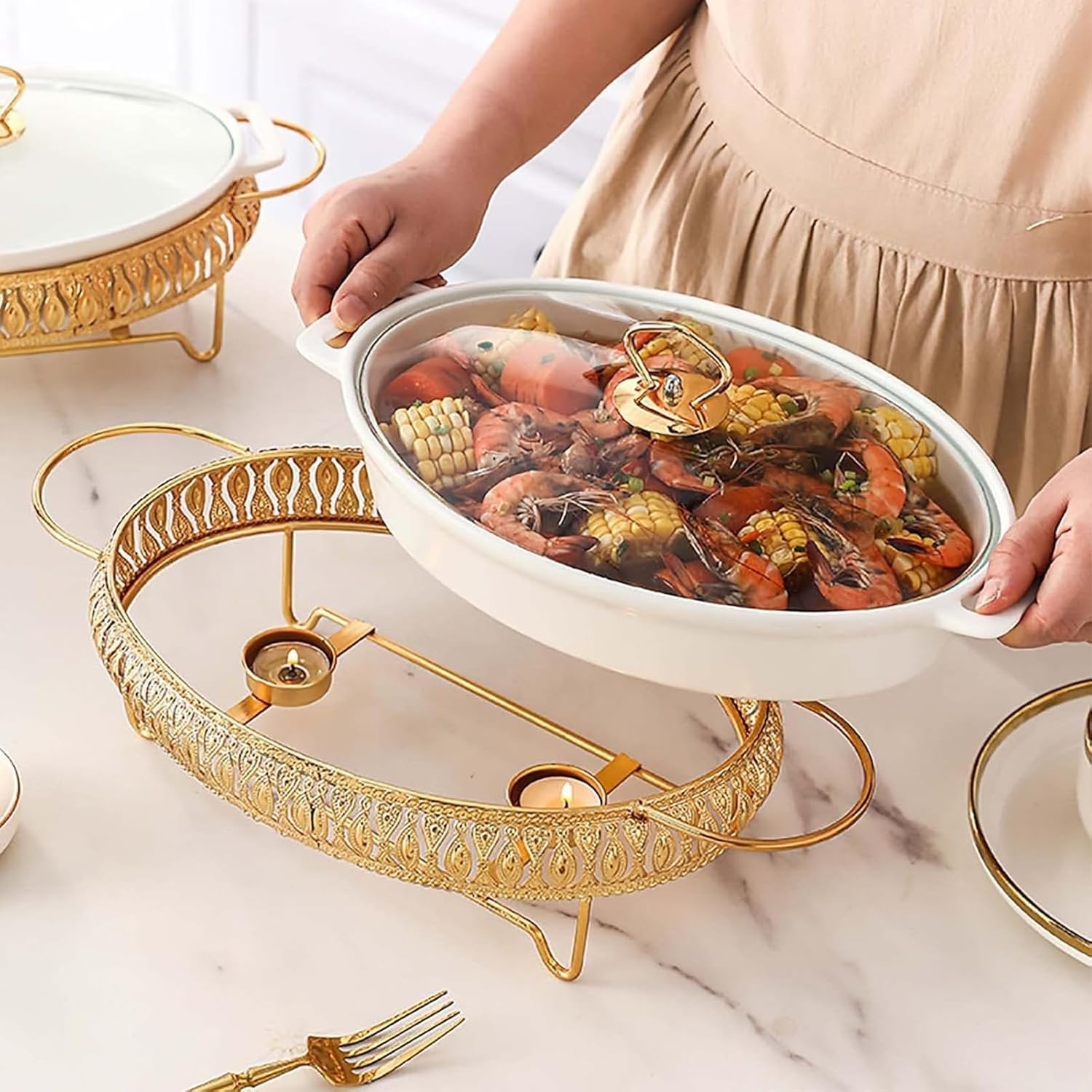 White Ceramics Chafing Dish Buffet, Oval Chafer Set and Buffet Food Warmers Set with Fuel Holder and Glass Lid for Buffet Weddings, Parties, Banquets, Christmas, Catering,